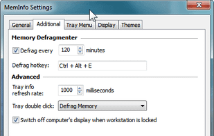 Further settings provide memory defragmentation options and the ability to launch various system commands (task manager, run dialogue, lock system, etc.)
