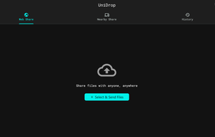 The main Web Share screen. Tap "Select & Send Files" to upload a file and generate a temporary, private web link to share with anyone.