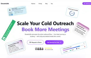 ElevateSells hero section: "Scale Your Cold Outreach, Book More Meetings" with personalized email automation, 99% inbox rate, and "Get Started Free" CTA.
