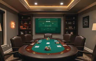 Modern poker blinds timer displayed on a large living room TV during a home poker game.