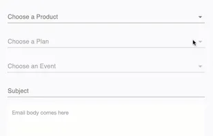GIF explaining how a email template is created for a product - plan - event combination. Emails will be triggered to the customer based on these three parameter.