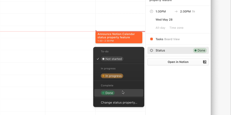 Notion Calendar introduces ability to update status properties in databases image