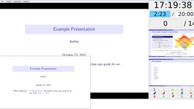 The small window in this image is the presentation window that is usually shown on a projector. In this configuration previews of the next slides are shown to the speaker.