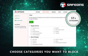 Choose among 55+ content categories which to block or allow
