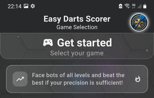 Main menu with game type selection. Intuitive interface offering 301, 501, Cricket, and Training modes with clear navigation, beautiful design, and easy access to all game features and settings.