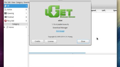 uGet 1.10.4 - Main Window plus About Box on elementary OS