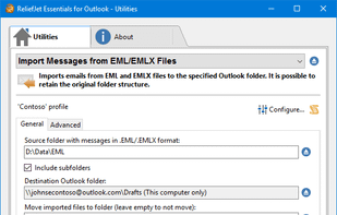 Import Messages from EML/EMLX Files. Imports emails from EML and EMLX files to the specified Outlook folder. It is possible to retain the original folder structure.