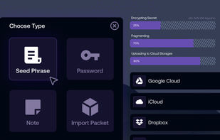 Choosing type of data to be secured - Option of securing seed phrases, general passwords and notes