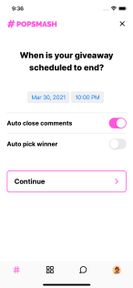 Settings for your Instagram giveaway like end date/time, along with the options to automatically pick a winner and close comments.