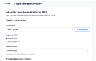 Mileage Donation sample screen for Deductible Duck