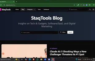 The StaqTools homepage showcasing its clean design and easy navigation, giving users instant access to free online tools, tech insights, and productivity resources.