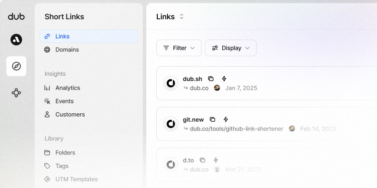 Dub.co sidebar gets folders, tags, UTM templates, workspace switcher image
