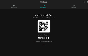 This screen appears after tapping "Receive File" in Nearby Share. Show this to the sending device to allow it to connect by either scanning the QR code or entering the 6-digit code.