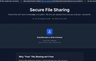 Zero-knowledge encrypted file sharing. Up to 15GB per upload with drag-and-drop interface.