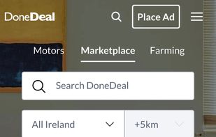 Donedeal marketplace landing page showing categories of Motors, Marketplace, Farming. Search DoneDeal box and county filter and distance.