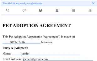 Users can review and customize the generated contract by filling in key terms and clauses before sending it for signature.