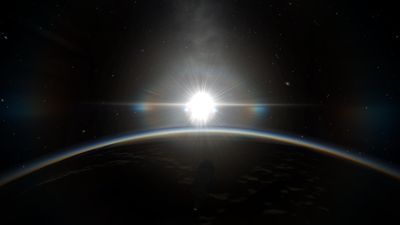 Sunrise in orbit around the home planet "Kerbin" (with visual mod "scatterer")