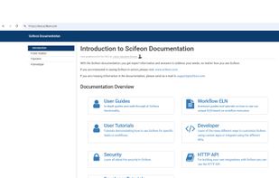 Scifeon User Documentation Portal:
Comprehensive online documentation hub covering user guides, tutorials, workflow ELN, API integration, and security. Designed to support scientists, QA, and developers with self-service access to learning materials.