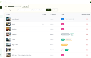SpotBooker Spot allows you to easily browse through all your available spaces, offering filters by Tag, Capacity, or other criteria to swiftly locate the perfect meeting room for your needs.
