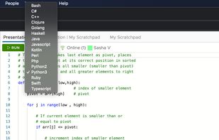 Supports all the most popular teaching languages including Javascript • Java • Python 2 • Python 3 • C++ • C • Bash • C# • GoLang • Swift • Typescript • Kotlin • Perl • PHP • Ruby • Clojure • Haskell • Karel • HTML • CSS • MicroPython and more! See website for most up-to-date listing.