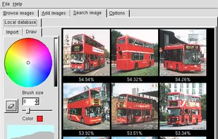 After drawing on the left widget that simple red rectangle with black windows, a pale blue sky and the gray asphalt, the software returns these 10 best matches from your collection of thousands of images.