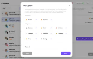 The advanced Filter Options let you organize comments by sentiment (positive, negative) or category (business, complaint, feedback, humor, etc.), making it easy to manage and reply to multiple interactions at once with bulk actions.
