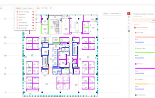 Visual Progress Maps: Progress is overlaid on the latest shop drawings, with quantified work installed and a clear visual breakdown by category. Often used by field teams during weekly trade coordination meetings.