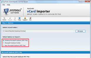 Select option to import vCards