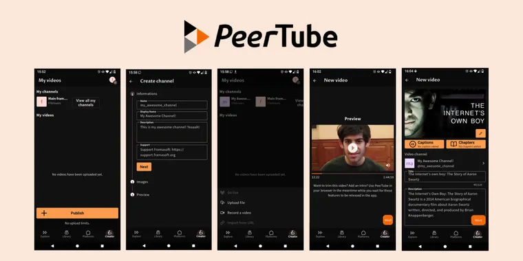 The PeerTube mobile app now integrates a creator mode for video upload and management image