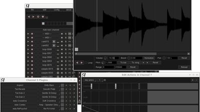 A sample being edited in the Sample Editor (top), Action Editor (bottom) and the plugins list (left)