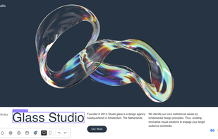 The Webit website builder live editing the "Glass studio" website. 