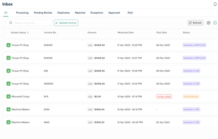 A dashboard with a clear insights of the received invoices and status of the invoices.