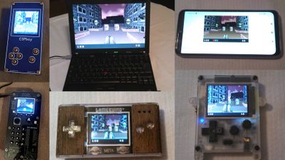 Photos of various devices running Anarch.

Top: ESPBoy, ThinkPad X200, web browser port on a Samsung smartphone.
Bottom: Circuitmess Ringo, Gamebuino Meta, Pokkito.