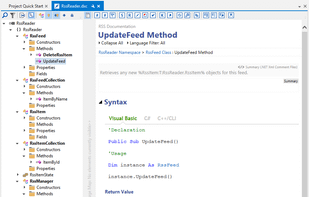The Document! X Content File editor shows you the source comments ( .NET Xml format source comments, COM HelpStrings, XSD Annotations, Web Service Descriptions, SQL/T-SQL/PL-SQL Source Comments, Javadoc comments, JsDoc comments) whilst you are editing (.NET is shown here), so that you can instantly see where the source documentation might require additional detail or replacement. Document! X will automatically populate the description of members inherited from elsewhere in your assembly or the .NET Framework to further reduce the amount of documentation authoring effort.