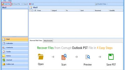 Initial Screen of the Outlook recovery tool.
Start adding PST files to be recovered by clicking on  the “Add File” function to browse PST file location.
