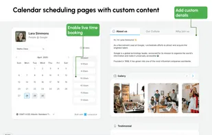 Turn your calendar page into a full brand experience with media, testimonials, and personal info.