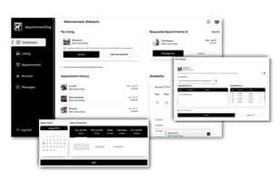The provider dashboard, as well as a view of the "edit listing" page, and the scheduling view from a customer's perspective