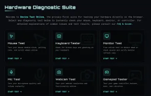 Landing page showing the available test menu.