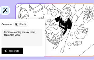 Type what you need, props, backgrounds, entire scenes and watch them appear. No more searching or drawing, just pure creation.