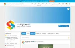 This image shows a SocialEngine admin's profile page, featuring personal information, recent activity, and uploaded content, including photos and videos.