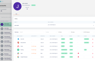 Account detail- This screen shows details of SaaS apps used by a particular user and also the role and status for each service.