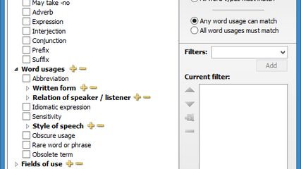Word filters for dictionary