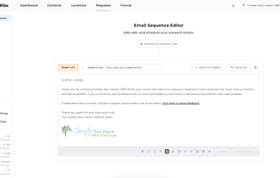 Email Sequence Editor - customize your review request email templates and automate follow-ups. Easily configure your email sending schedule, custom sender account, and dynamic personalization snippets.