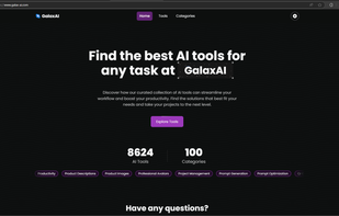 GalaxAI's home page (dark mode)