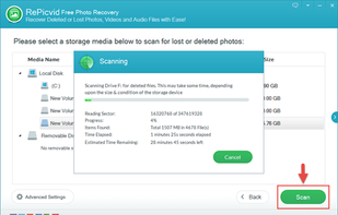 scan for deleted/lost photos