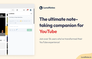 LunaNotes integrates seamlessly with YouTube, allowing users to watch videos and take notes simultaneously. The main interface highlights key features such as time-stamped annotations, searchable notes, and easy navigation to enhance the video-watching and note-taking experience.