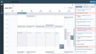 Calendar Mode: weekly view and the task list on the right.
Tasks on the right can be dragged-and-dropped to the calendar and are sorted by score.
Overdue tasks are highlighted.