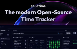 Screenshot of Dashboard of solidtime with the landing page design in the background