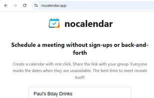 NoCalendar landing page with an active input field for a new social event and a 'Recent' section showing a previously created professional workplace poll.