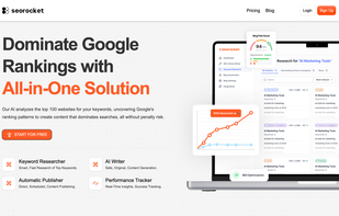 Screenshot of the homepage displaying an overview of the all-in-one SEO solution, including navigation links to Keyword Researcher, AI Writer, Automatic Publisher, and Performance Tracker, with a call-to-action button to start for free.